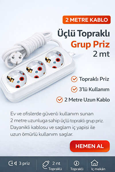 Tunç Üçlü Topraklı Grup Priz 2 Metre Kablolu – Güvenli ve Dayanıklı