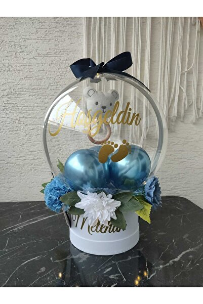 büyülücompany Büyülü Balon-Mavi Beyaz Çiçek Buketi Bebek Çıngırak Led Işık Do...