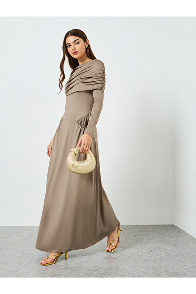 Styli Women Khaki Asymmetrical Shoulder Maxi Dress
