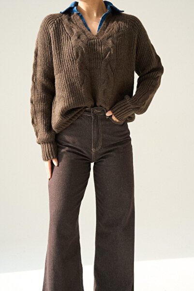 ModaLavida Denim Collar Detailed Knitwear Thick Sweater