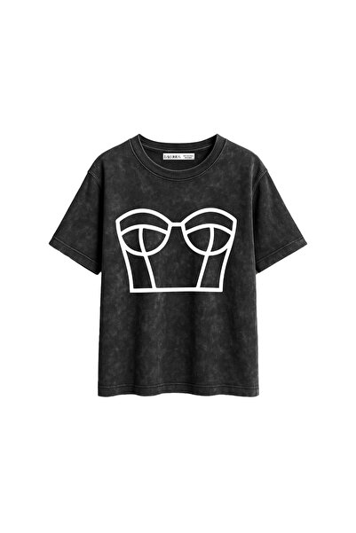 CİNEMA MODA Bikini Lines Printed Relaxed Fit Washable Black Women's Tshirt