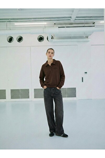 Ltb Polo Collar Buttoned Brown Sweatshirt