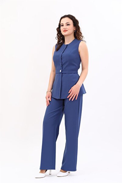 ÖNDER ÖZSOY سترة بحزام وأزرار مخفية وياقة دائرية وبنطلون واسع الساقين مرن للن...