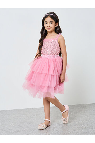 Styli Girls Pink Sequin Top and Tiered Tulle Skirt Set