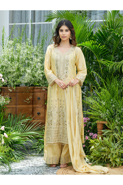 DW By Styli Women Yellow Embroidered Straight Kurta with Trouser and Dupatta Set