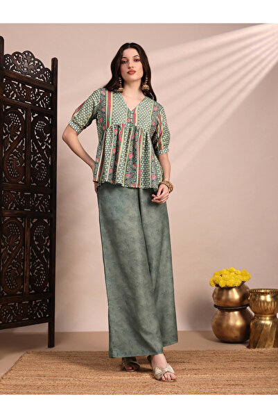 Globus By Styli Women Ethnic Print Tunic and Wide Leg Trousers Fusion Co-Ords