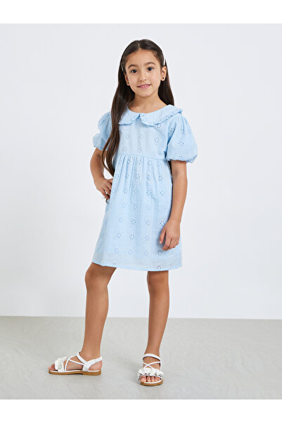 Styli Girls Blue Schiffli Puff Sleeve Mini Dress