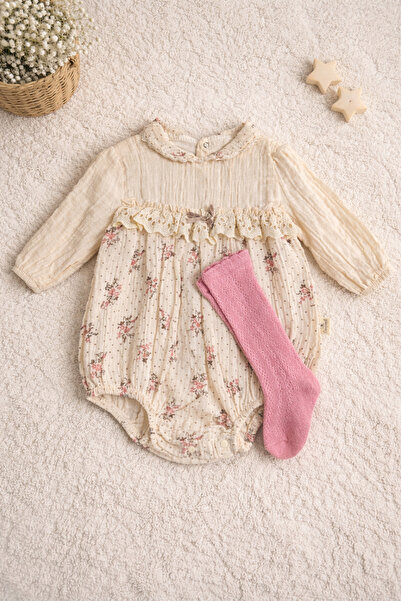 Luna Çiçek Baskılı Müslin Kız Bebek Badi