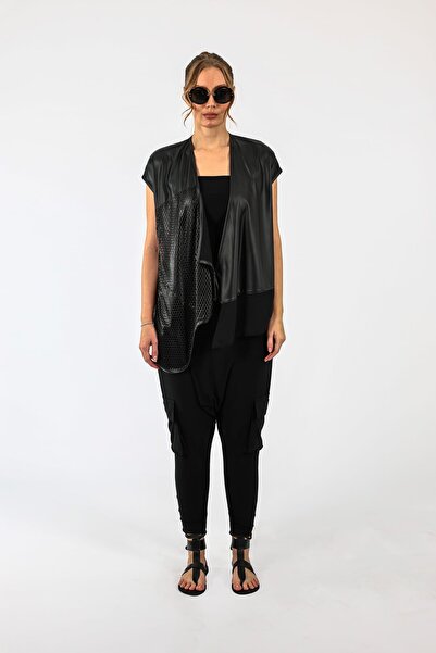 byözlemyazan File Detaylı Asimetrik Kesim Deri Görünümlü Kadın Yelek