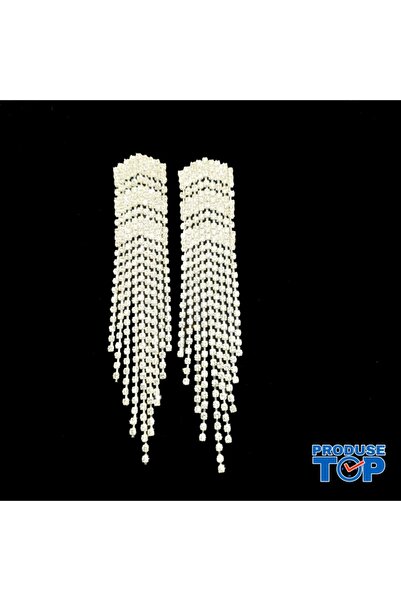 Produse.Top Elegant Long Silver Earrings with Fringes and Rhinestones CW58
