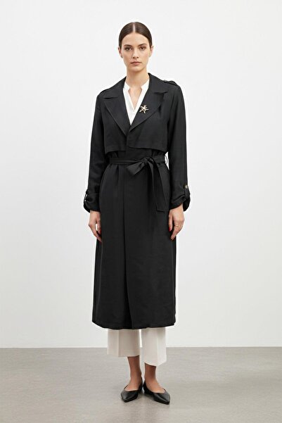 Puane Belted Midi Length Women's Trench Coat-15250 - Black