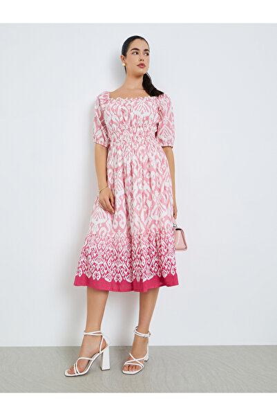 Styli Women Pink Printed Ruched A-Line Midi Dress