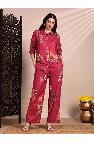 Globus By Styli Women Pink Floral Collared Shirt and Trousers Co-Ords