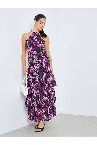 Styli Women Purple Floral Halter Neck Tiered Maxi Dress