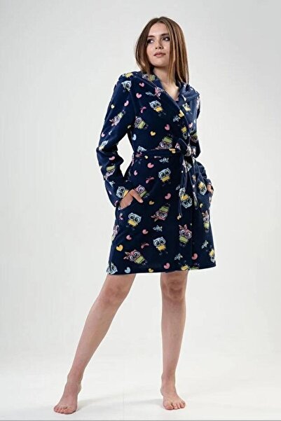 VİENETTA 703 Cheerful Patterns Hooded Short Fleece Dressing Gown
