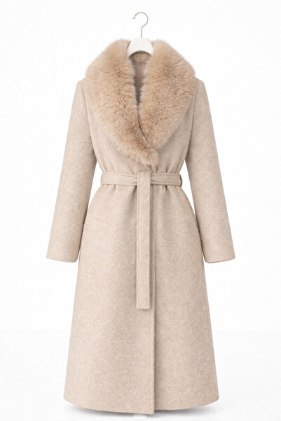 günay boutıque Beige Women's Coat with Fur Collar and Belt – Long Winter Coat