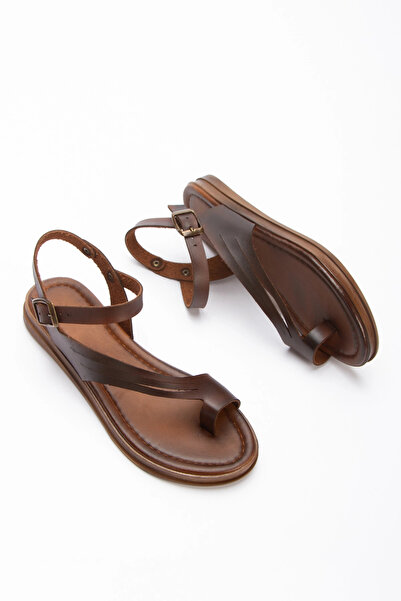 MFT AYAKKABI Women's Brown Genuine Leather-Look Flip-Flop Sandals