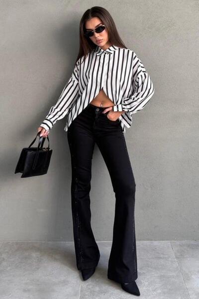 Seeh Μαύρο γυναικείο τζιν παντελόνι καμπάνα SH350