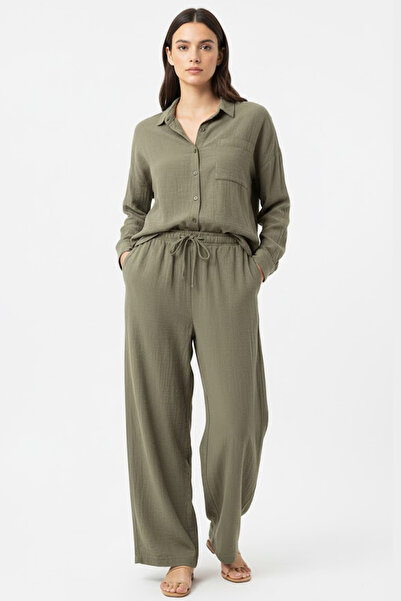 ASMİN Kadın Haki Pamuklu Rahat Kesim Gömlek Pantolon Takım - İkili Set