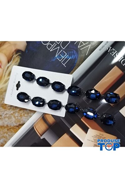Produse.Top Elegant Long Silver Earrings with Dark Blue Crystals CW27