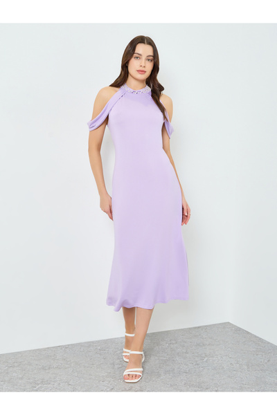 Take Two By Styli Women Lilac Faux Pearl Cold-Shoulder Bodycon Midi Dress