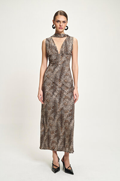 ibutik Rochie lungă leopard cu detaliu eșarfă