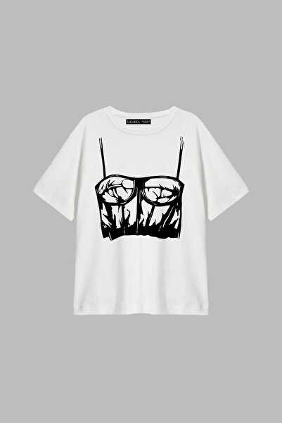 CİNEMA MODA Leather Shine Printed Relaxed Fit White Women's Tshirt