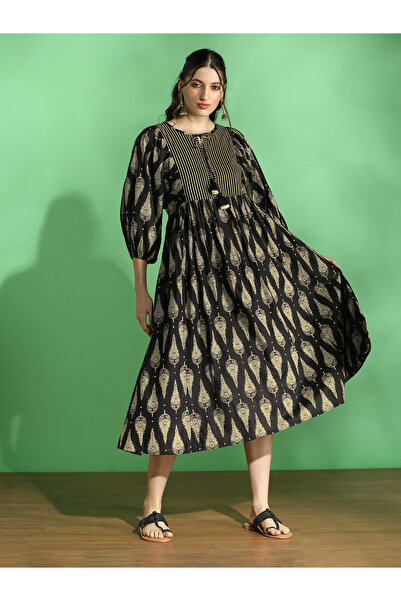Globus By Styli Women Black Ethnic Print Tie-Up Neck Midi Dress