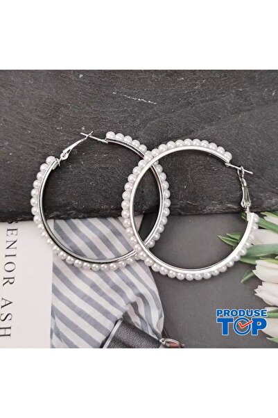 Produse.Top Elegant Round Large Silver Earrings with Pearls CW14