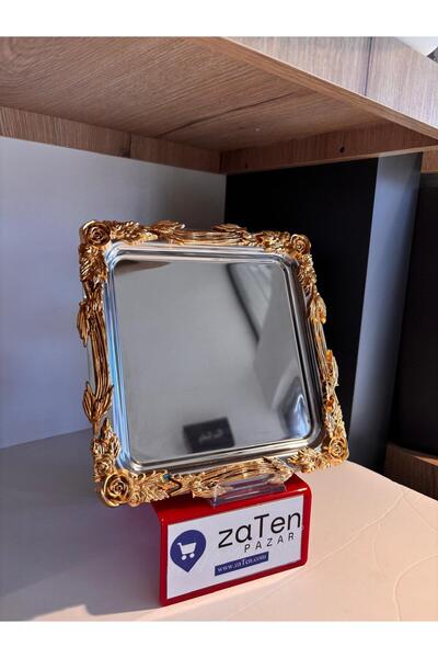 zaTen Pazar Gül Dalı Çerçeveli 2 Adet Gümüş Kare Kahve Sunum Tepsisi