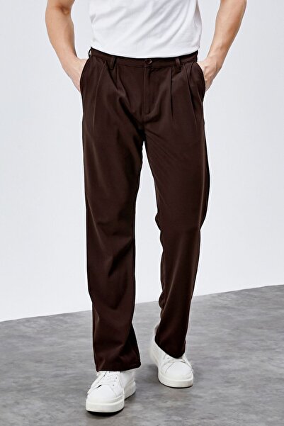 HLT JEANS Erkek Kahverengi Çift Pileli Rahat Kesim Beli Lastikli Bol Paça Bag...