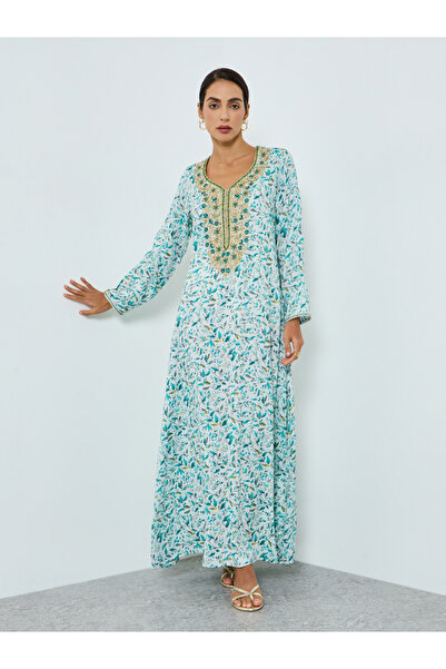 Maxim Creation By Styli Women Blue Floral Print Embroidered Jalabiya