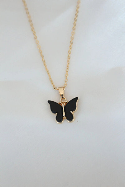 Clariss Gold Plated Black Colored Pearlescent Butterfly Necklace