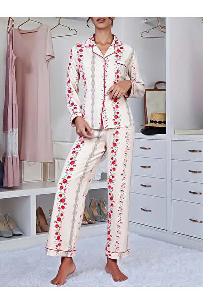 Take Two By Styli Women Striped Floral Print Shirt and Pyjama Set