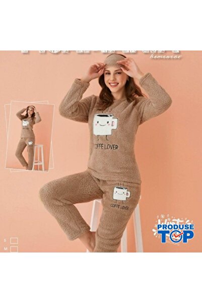 Produse.Top Cappuccino Cocolino Pajamas with Cup Print and Sleep Mask