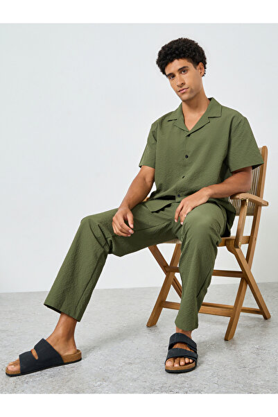 Take Two By Styli Men Textured Olive Green Shirt and Pants Co-Ords