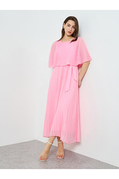 Take Two By Styli Women Pink Cape Sleeve Pleated Detail Maxi Dress