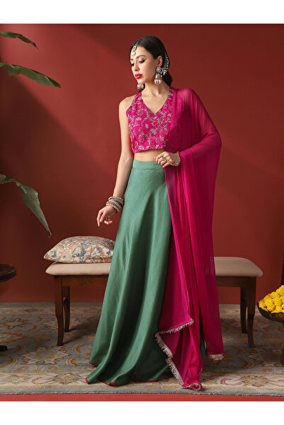 Globus By Styli Women Pink Embroidered Blouse with Skirt and Dupatta Co-Ords