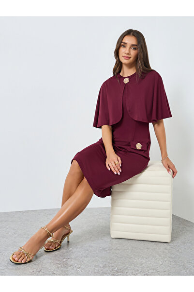 Styli Women Burgundy Cape Sleeve Bodycon Midi Dress