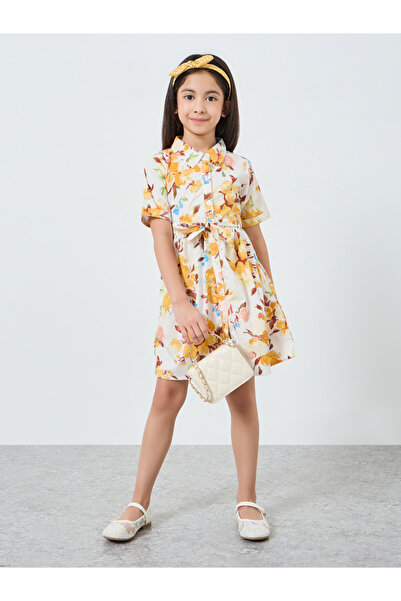 Styli Girls Yellow Floral Print Shirt Dress