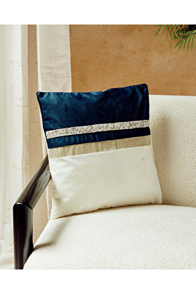 REDTAG Blue And Ivory Velvet Embroidered Cushion