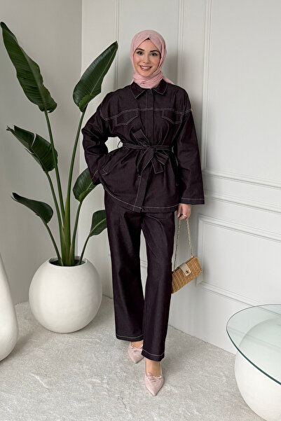Tesettür Diyarı طقم بوفون من الدنيم يتكون من سترة وبنطلون - لون البرقوق