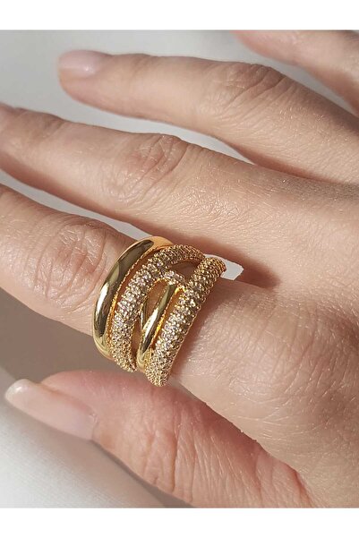 ZÜLİSCH Steel Ring Waterway Gold Zircon Stone Wide Model Adjustable Model
