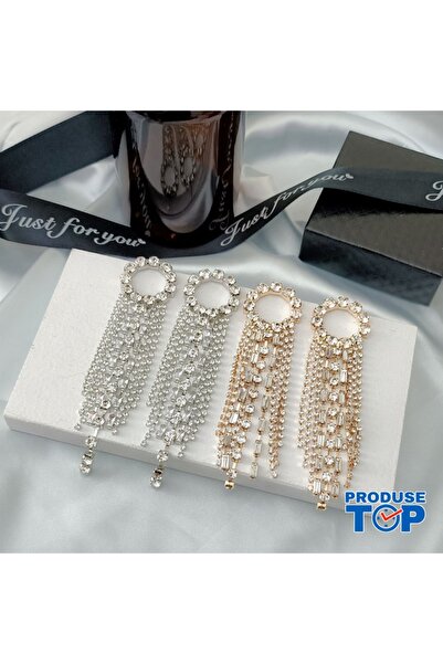 Produse.Top Elegant Long Golden Earrings with Fringes and Rhinestones CW63