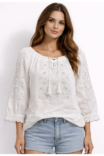 Nobrand Traditional white women's blouse with white-silver embroidery, 3/4 sl...
