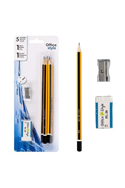 OEM Black Yellow HB Pencils Set with Eraser & Metal Sharpener - 7 pieces