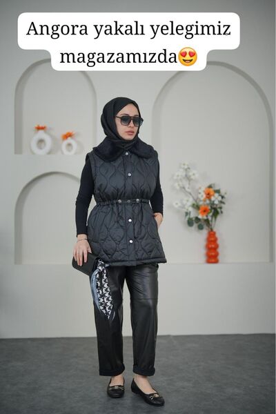 VOKALİS سترة نسائية مبطنة بياقة أنجورا مع خصر مطاطي وأزرار