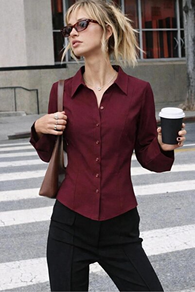 FİOX ATELİER Kadın Bordo Uzun Kollu Vücuda Oturan Gömlek Fio-120