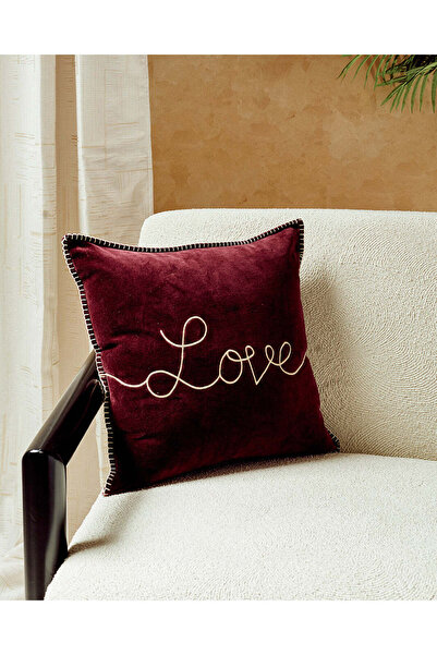 REDTAG Burgundy Love Embroidery Velvet Cushion