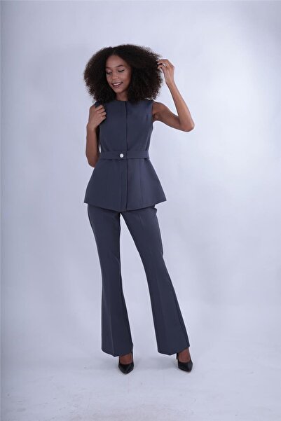 ÖNDER ÖZSOY O-Neck Hidden Button Belted Vest & Elastic Flared Pants Women's S...